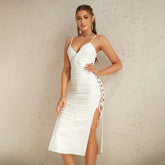 Fashionable Elegant Dress Pleated V neck Lace up High Slit Dress